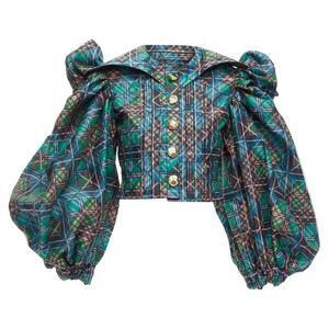Chopova Lowena plaid tartan button puff sleeve crop shirt